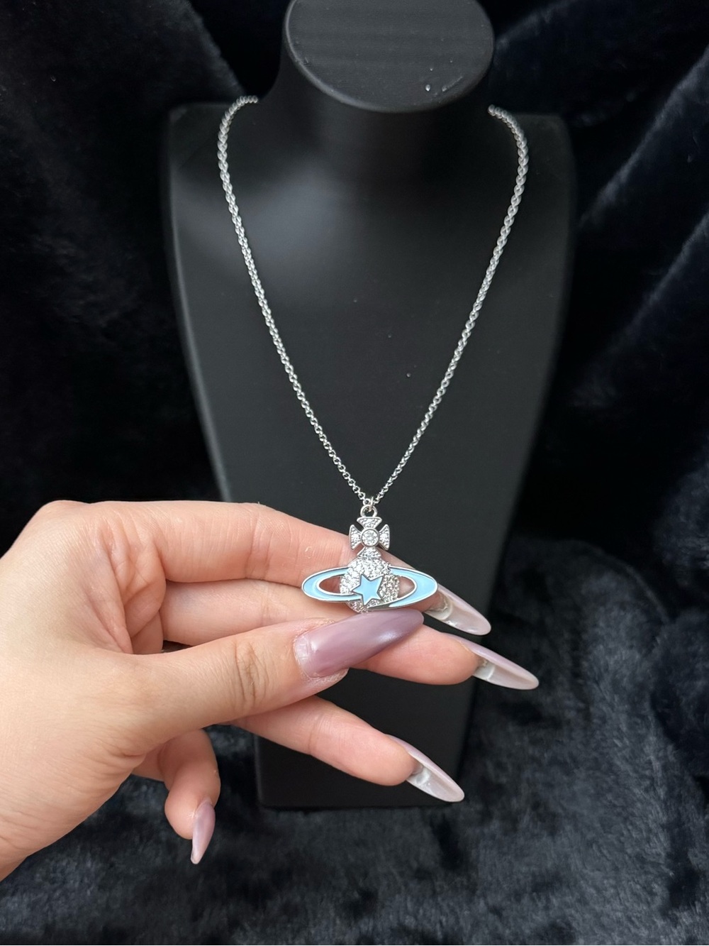Blue Ring Rhinestone Planet Charm Alloy Cable Chain Necklace New Y2K Jewelry